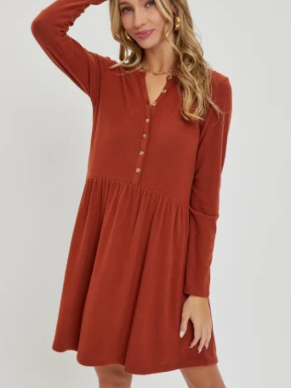 Rust Babydoll Dress Long Sleeve Flowy Casual Mini Dress Size
